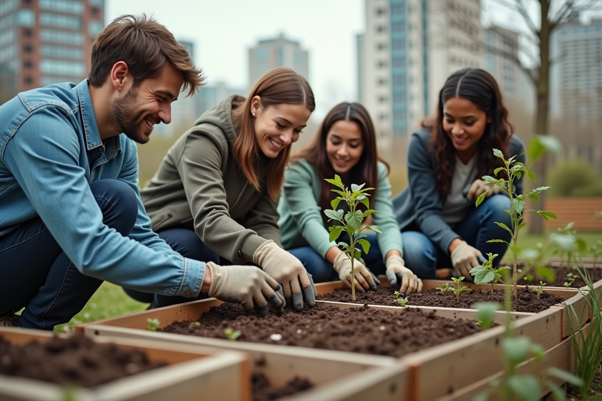 Groupe de jeunes plantant des arbres dans un jardin urbain
