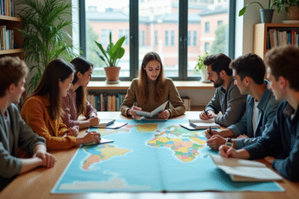 Groupe de jeunes autour d'une carte du monde en bibliothèque