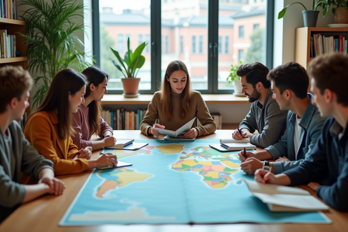 Groupe de jeunes autour d'une carte du monde en bibliothèque