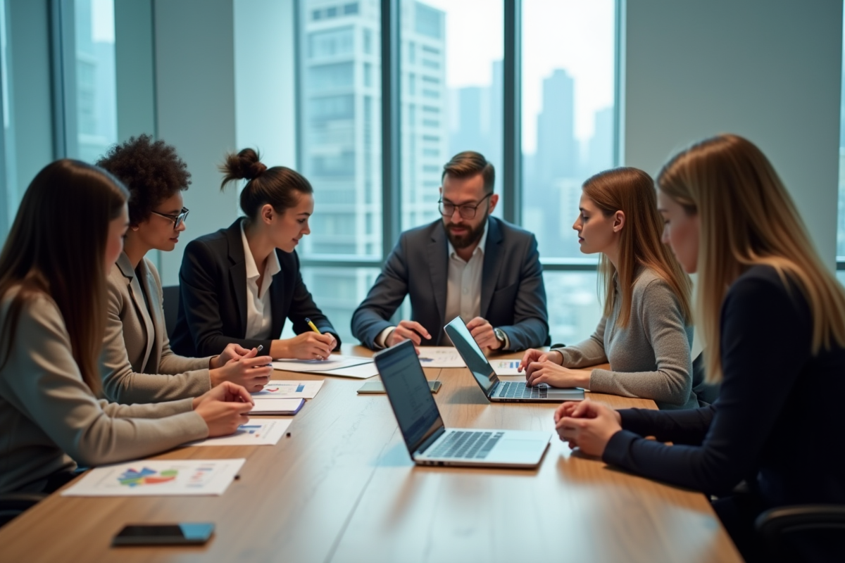 Groupe de professionnels en réunion dans un bureau moderne