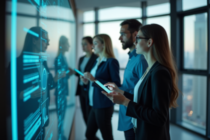 Groupe de professionnels en réunion avec écrans tactiles modernes