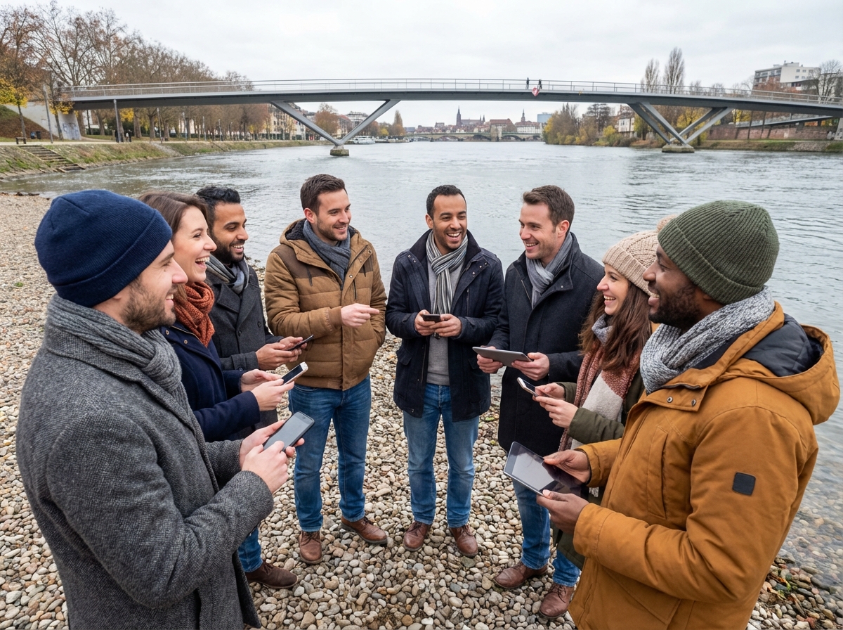 Groupe de professionnels IT discutant au bord du Rhin