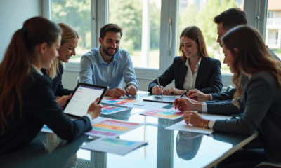 Groupe de professionnels autour d'une table moderne analysant des graphiques