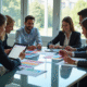 Groupe de professionnels autour d'une table moderne analysant des graphiques