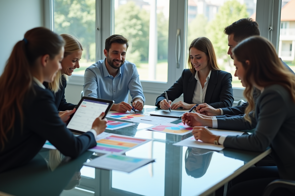Groupe de professionnels autour d'une table moderne analysant des graphiques