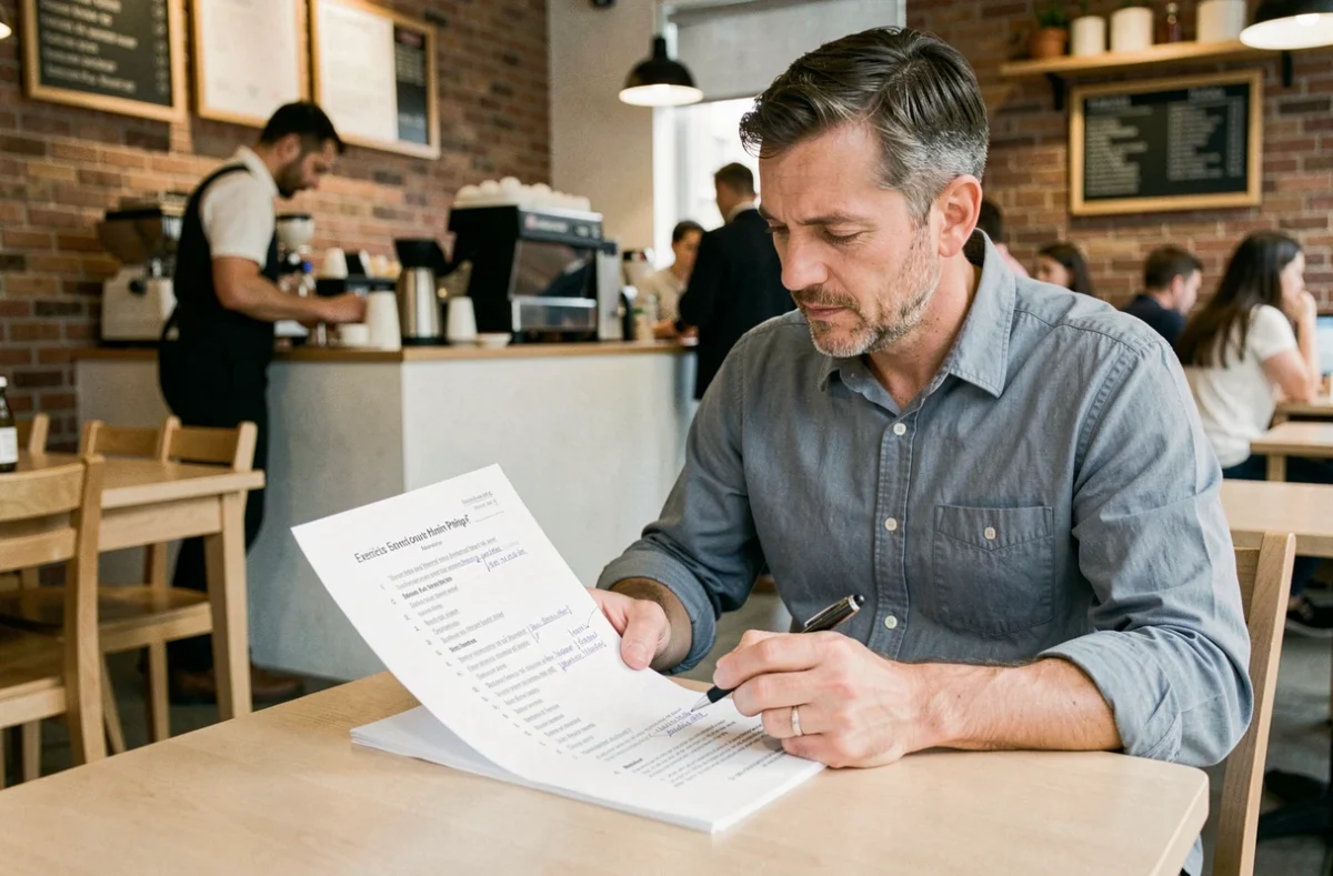 Homme annotant un document PDF d'exercices d'écriture dans un café, stylo à la main, avec des notes manuscrites dans les marges