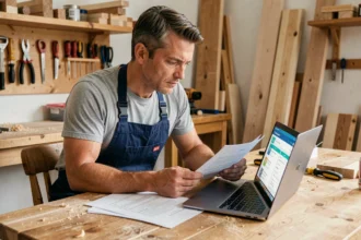 Un homme en atelier de menuiserie consulte des documents de financement pour une formation en ligne sur l'artisanat du bois
