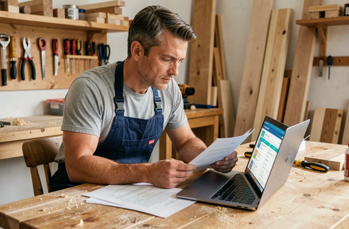 Un homme en atelier de menuiserie consulte des documents de financement pour une formation en ligne sur l'artisanat du bois