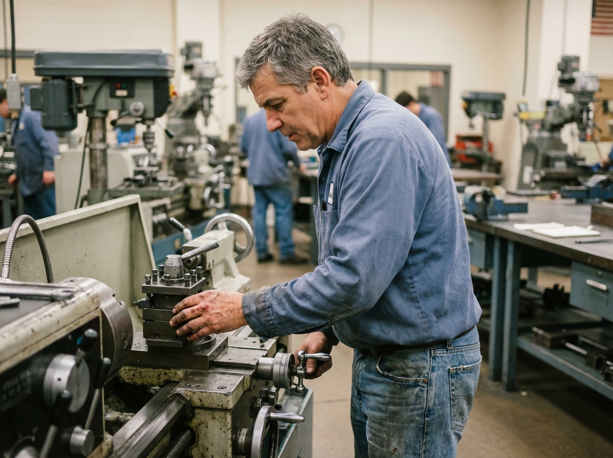 Homme d age ajustant une machine dans un atelier industriel