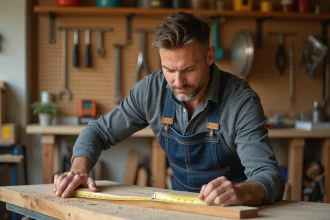 Homme mesurant une planche en bois dans un atelier de bricolage à domicile, cours de bricolage en ligne Bricoludik