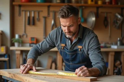 Homme mesurant une planche en bois dans un atelier de bricolage à domicile, cours de bricolage en ligne Bricoludik
