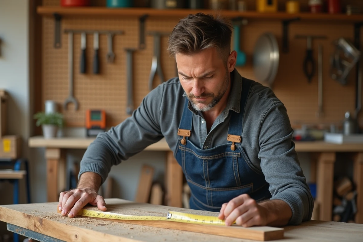 Homme mesurant une planche en bois dans un atelier de bricolage à domicile, cours de bricolage en ligne Bricoludik