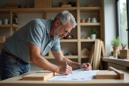 Homme d'âge moyen assemble une étagère en bois dans un atelier lumineux