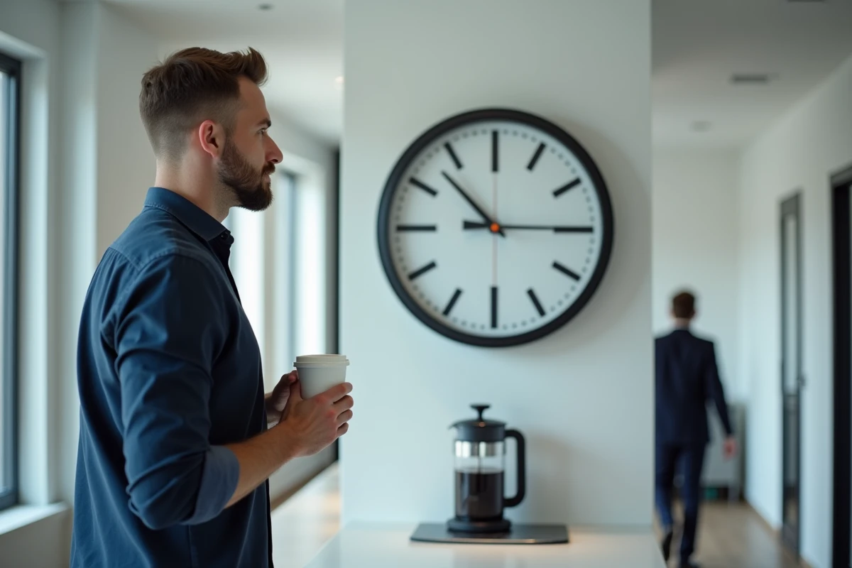 Homme en bureau moderne regardant une horloge murale affichant 9h du matin, illustration du format AM en anglais