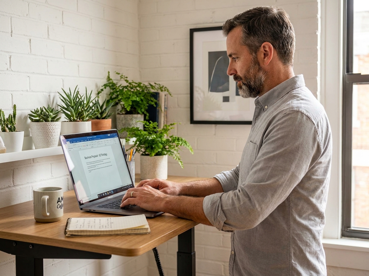 Homme professionnel rédigeant un document Word sur ordinateur portable dans un bureau minimaliste