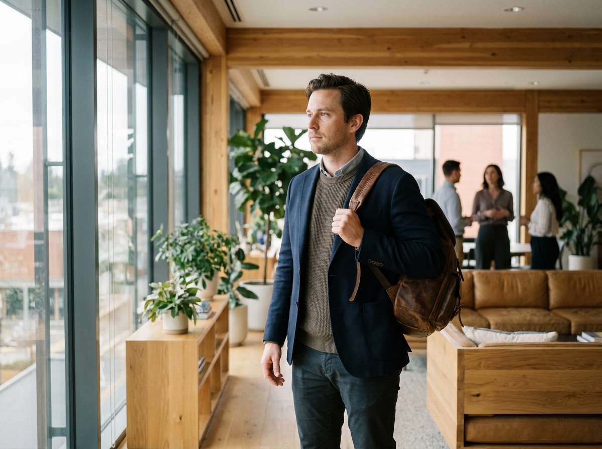 Homme regardant par la fenetre dans un espace de travail moderne