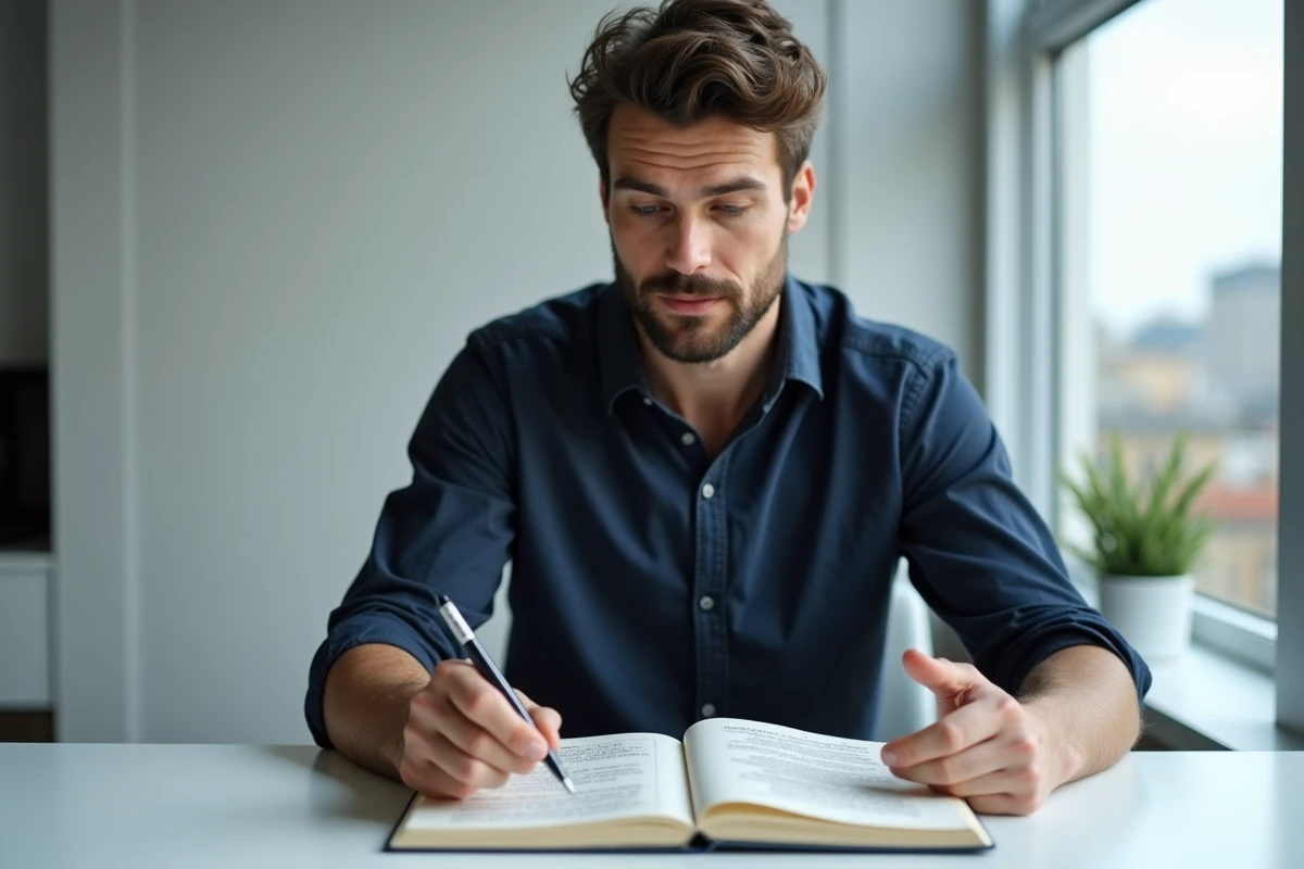 Homme comparant un exemple de dissertation philosophique avec ses propres notes dans un appartement moderne