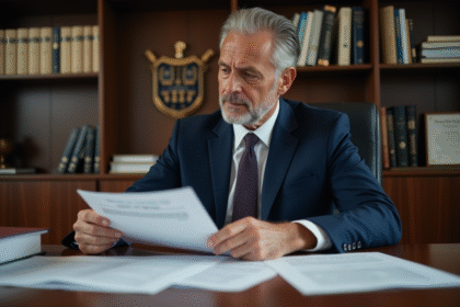 Homme d'âge moyen en costume regardant des documents universitaires