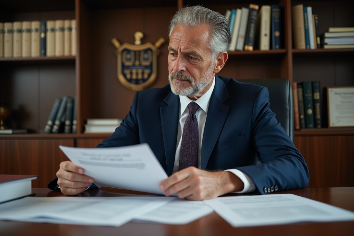 Homme d'âge moyen en costume regardant des documents universitaires
