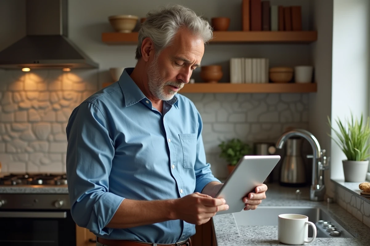 Homme étudiant à la maison avec une tablette en étudiant le français