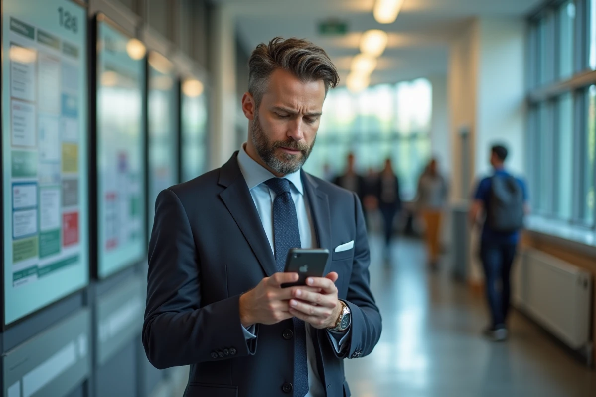 Homme d age moyen regardant son smartphone dans un campus universitaire