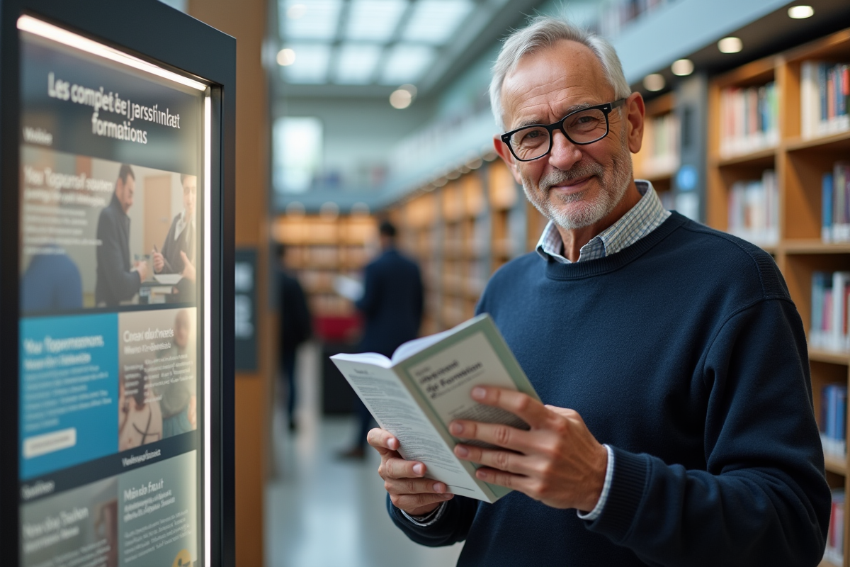 Homme mature tenant brochure formation dans une bibliothèque