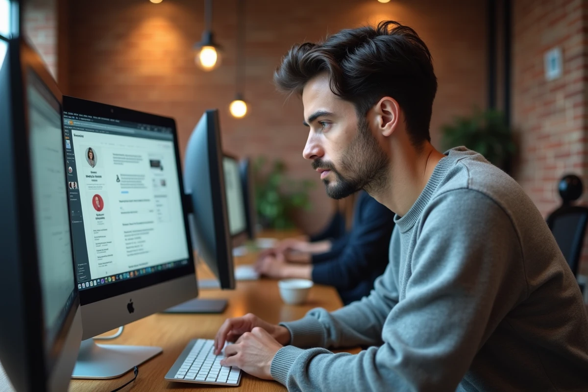 Jeune homme optimisant son profil en ligne sur une plateforme culturelle dans un espace de coworking