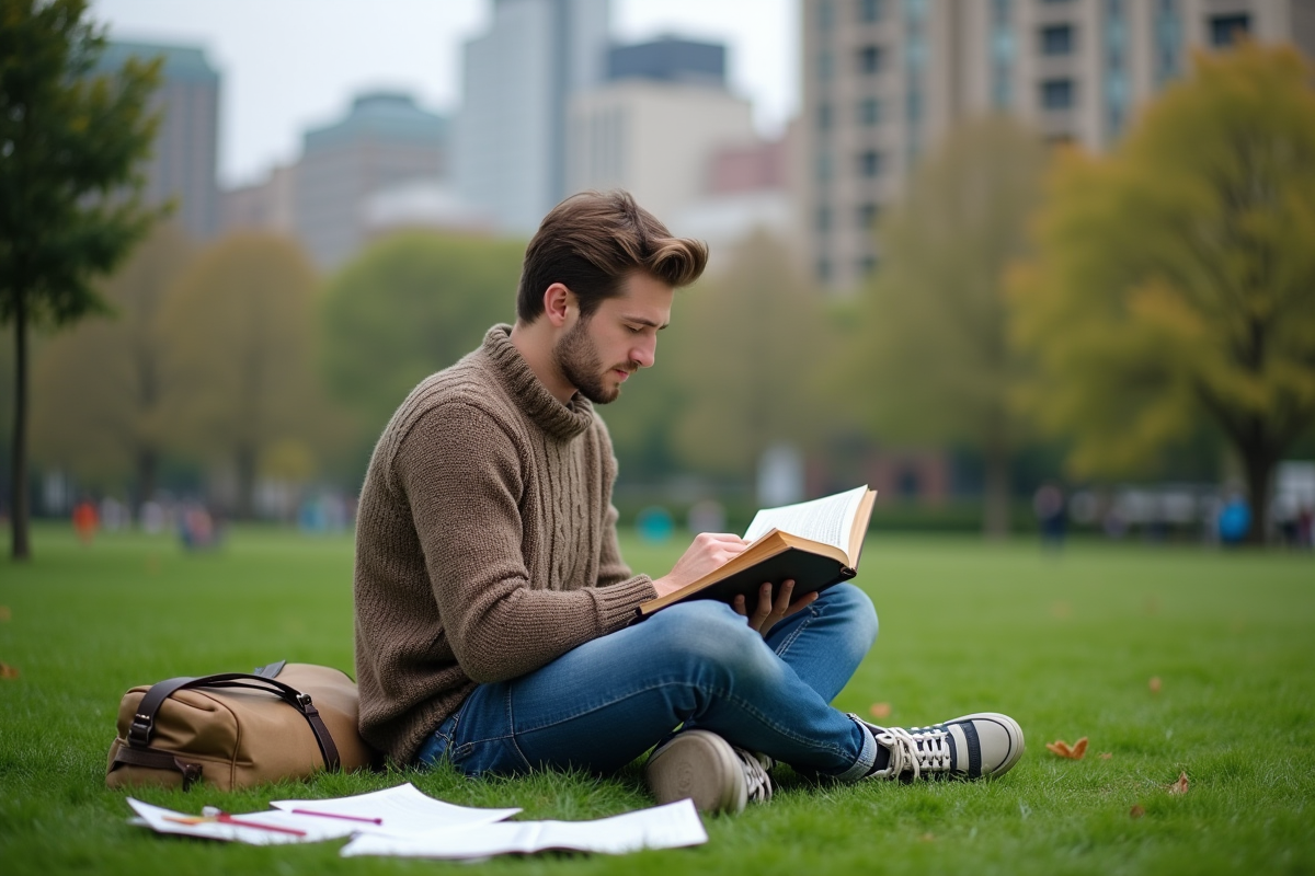 Jeune homme lisant dans un parc en plein air