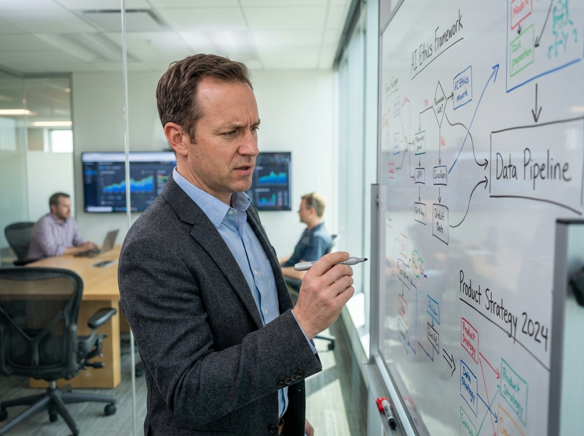 Homme en réunion avec tableau blanc et diagrammes