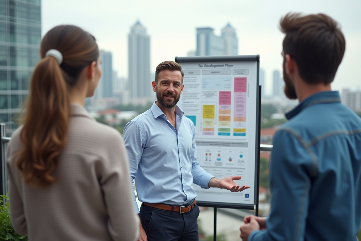 Homme présentant un plan de développement à deux collègues en extérieur