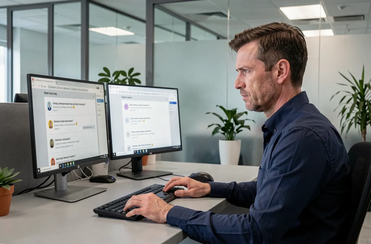 Homme en bureau moderne analysant des questions de test de QI sur des écrans d'ordinateur