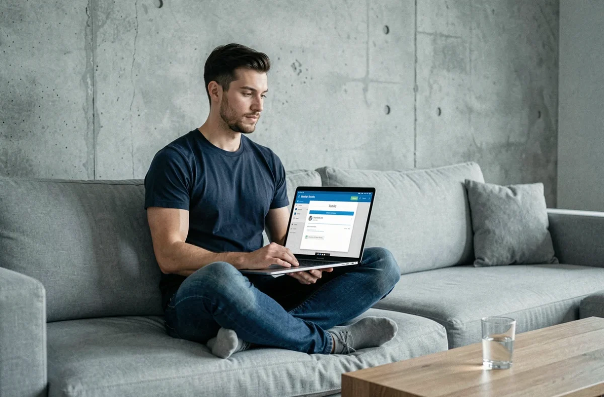 Homme passant un test de QI en ligne sur son ordinateur portable dans un salon moderne