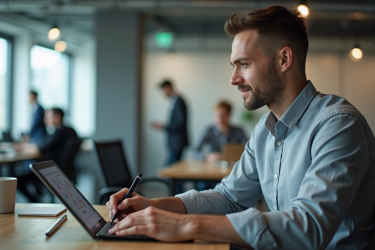 Homme en coworking concentré sur sa tablette et son stylet
