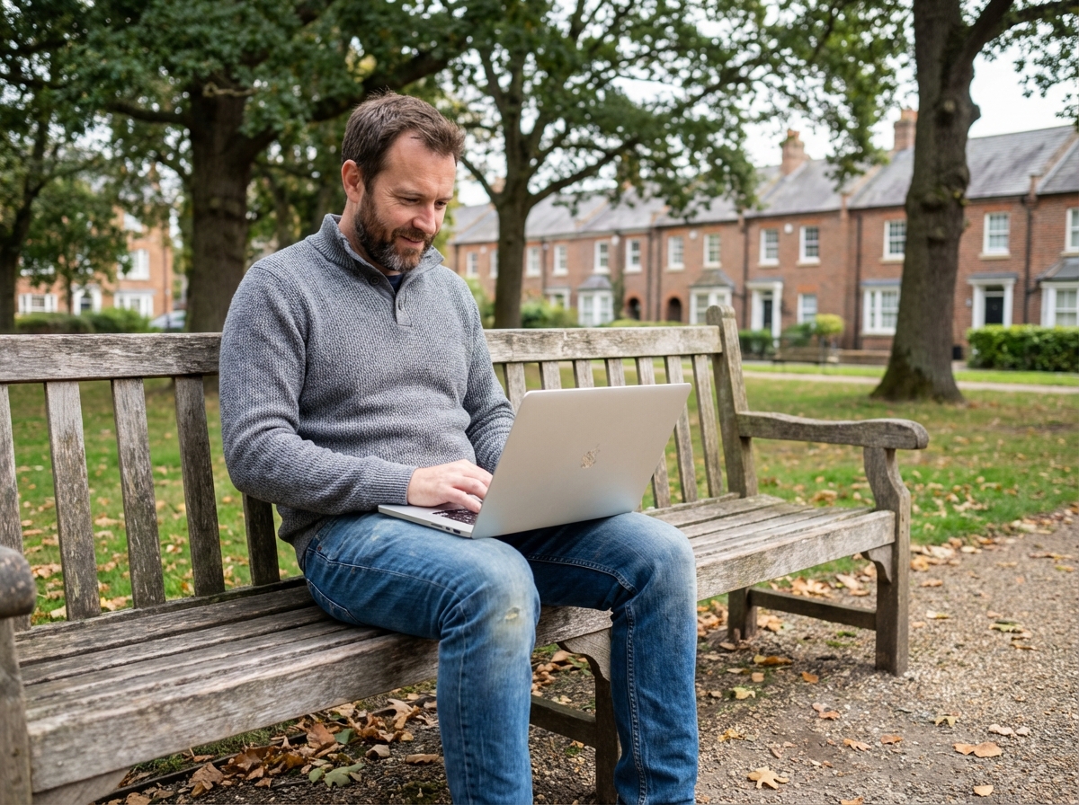 Homme travaillant sur son ordinateur dans un parc calme