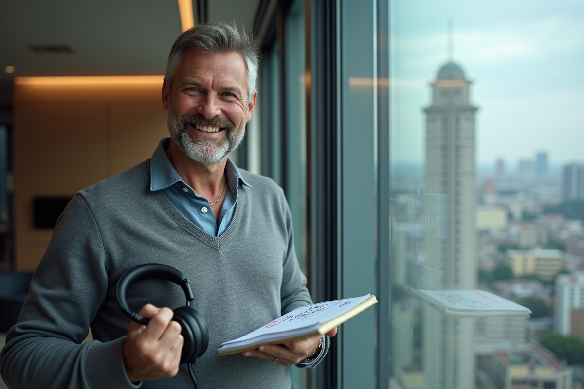 Homme souriant avec casque et carnet dans un appartement urbain