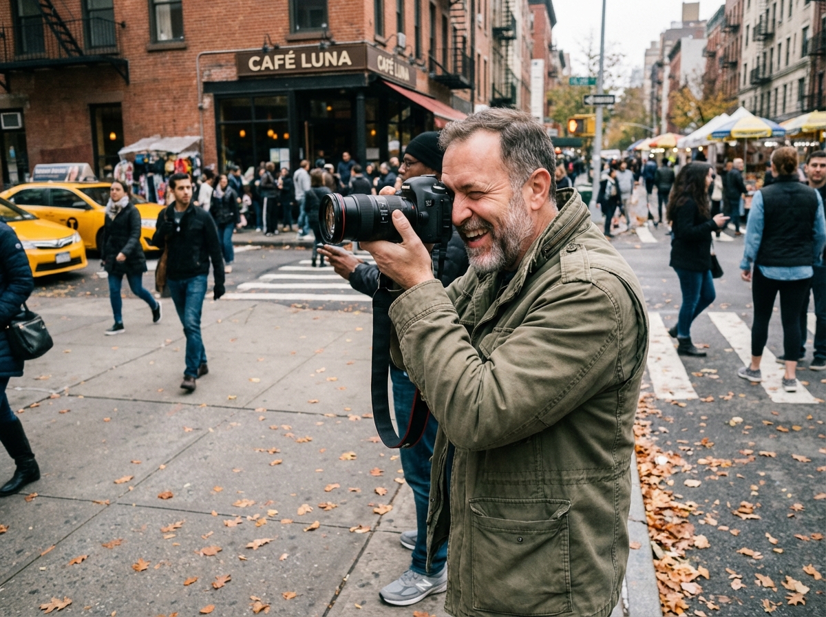Homme photographiant la ville avec un appareil photo dans la rue