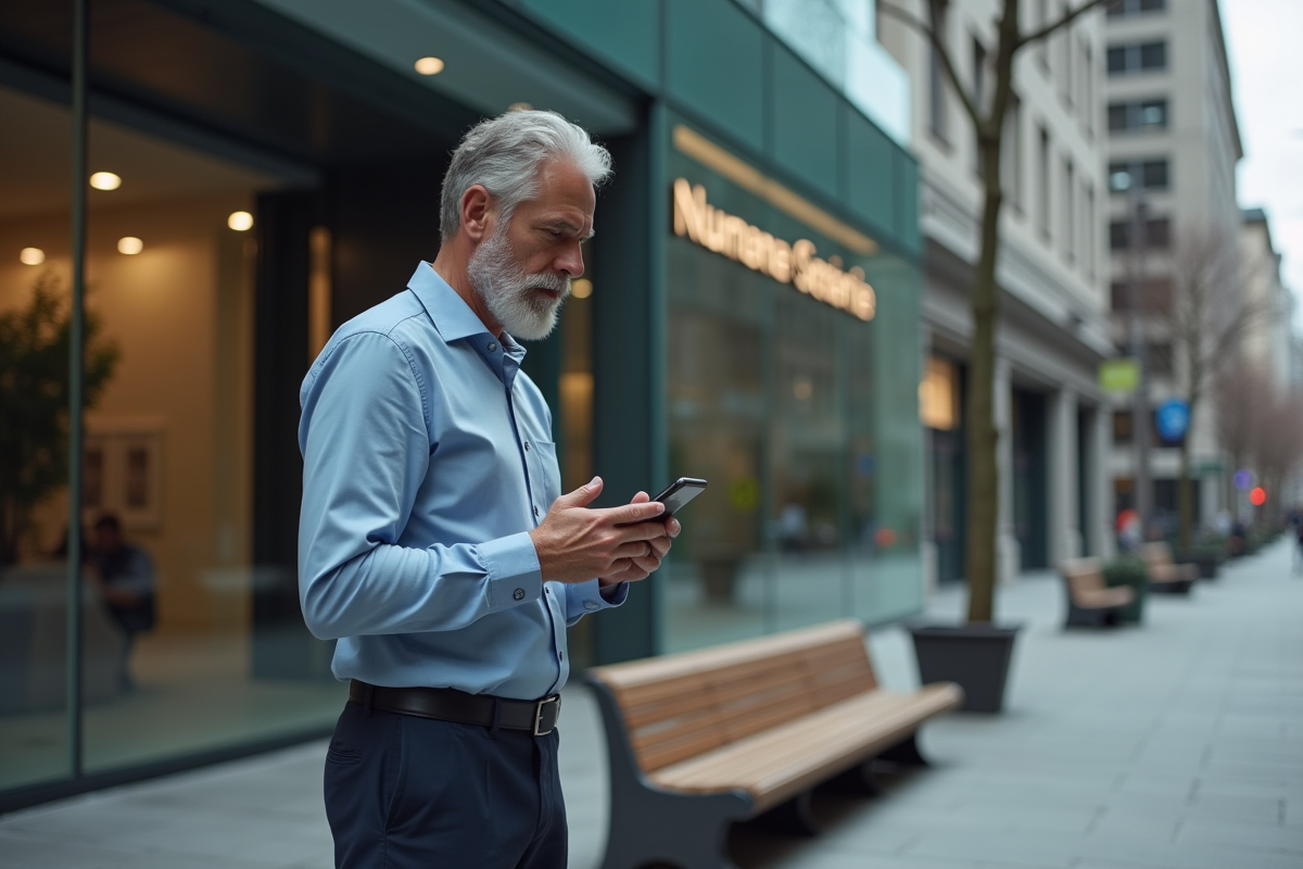 Homme d affaires dans la ville regardant son téléphone