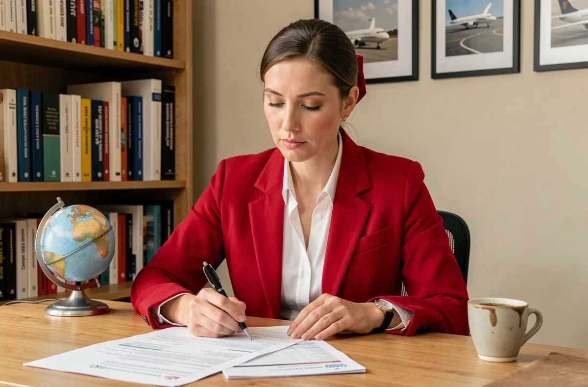 Hôtesse de l'air étudiant son contrat de travail à temps partiel et sa fiche de salaire à domicile