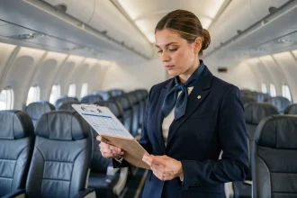 Hôtesse de l'air en uniforme bleu marine consultant son planning à bord d'un avion commercial