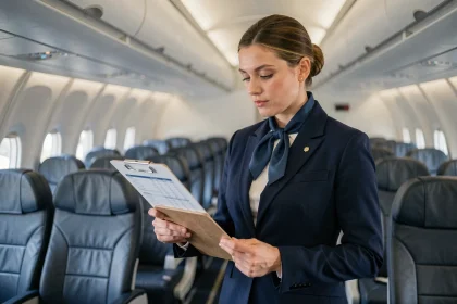 Hôtesse de l'air en uniforme bleu marine consultant son planning à bord d'un avion commercial