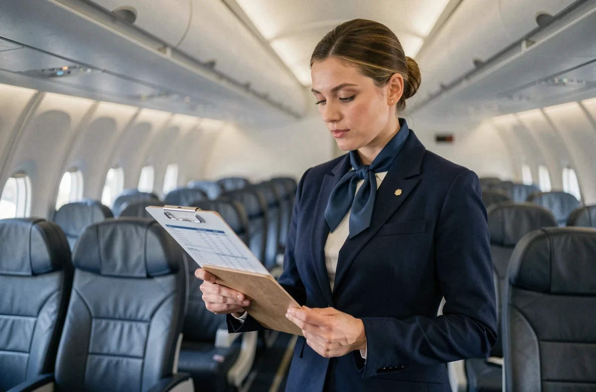 Hôtesse de l'air en uniforme bleu marine consultant son planning à bord d'un avion commercial
