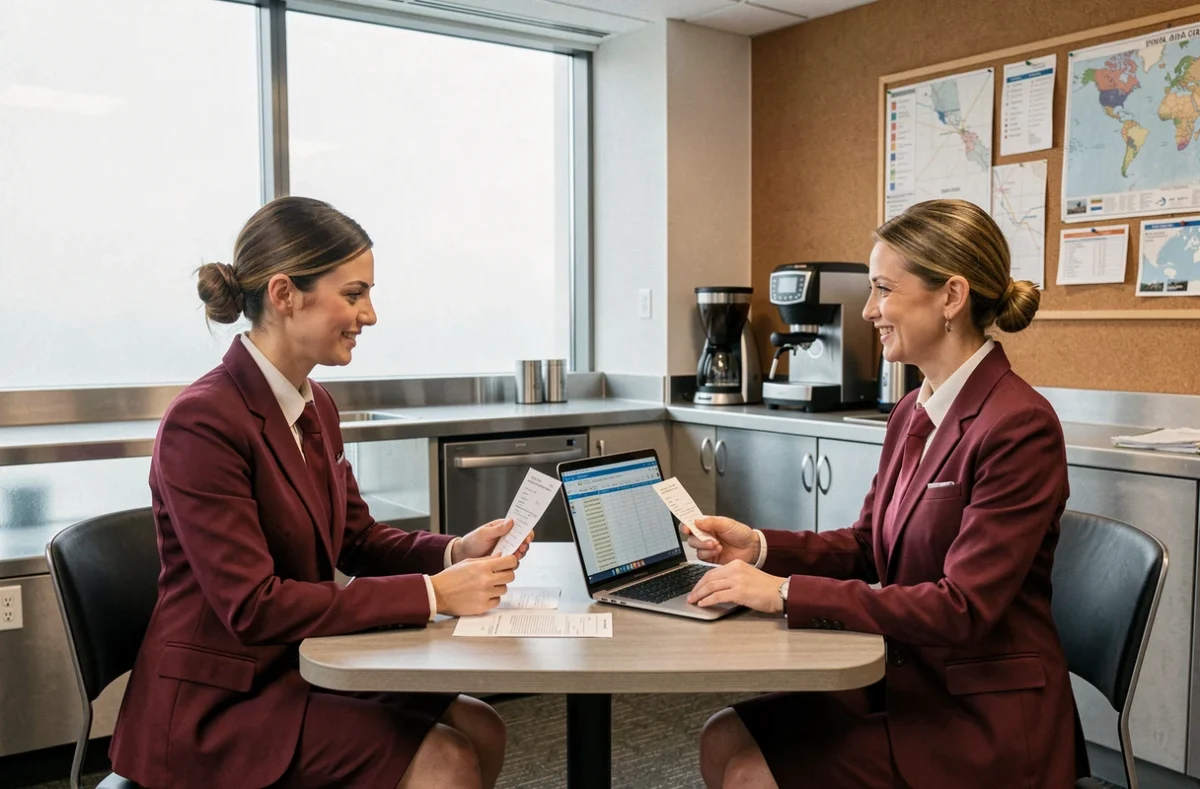 Deux hôtesses de l'air comparant leurs fiches de paie dans un salon d'équipage d'aéroport