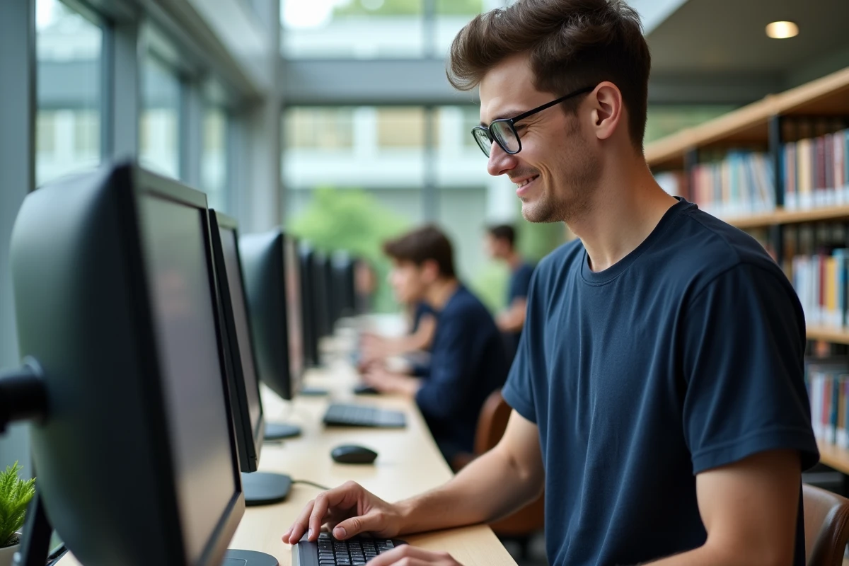 Étudiant s'inscrivant sur mycampus.eduservices.org depuis une bibliothèque universitaire moderne avant la rentrée