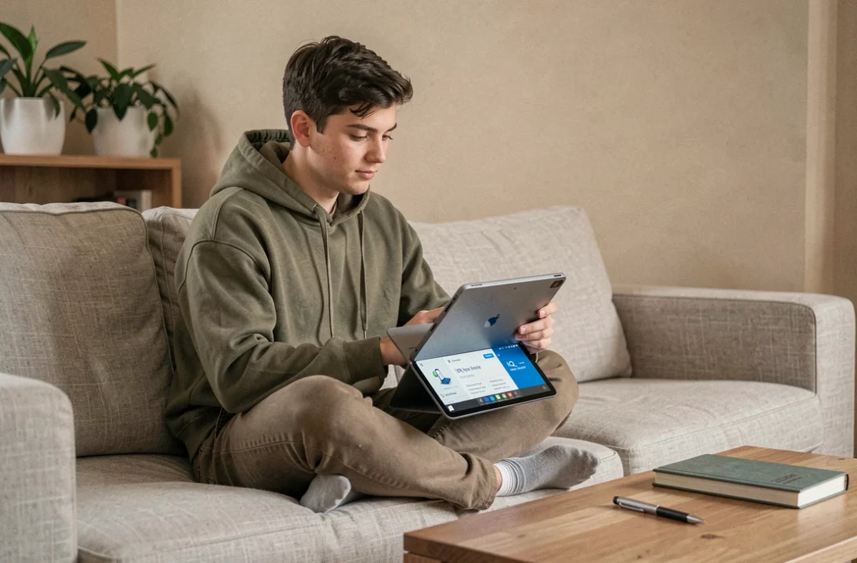 Jeune adulte effectuant un test de QI en ligne sur une tablette depuis son salon