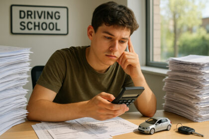 Jeune conducteur réfléchissant avec documents et clés de voiture