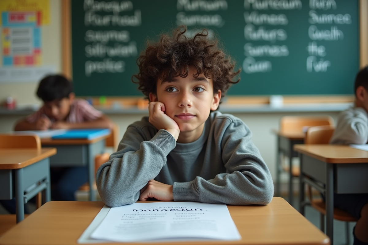 Jeune garçon en classe regardant un document avec des variations du mot