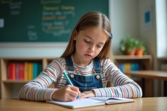 Jeune fille française concentrée en dictée à l'école