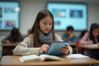 Jeune élève au lycée utilisant une tablette en classe