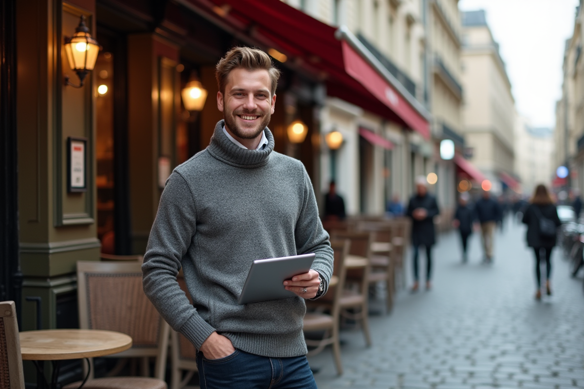 Jeune entrepreneur français devant un café parisien