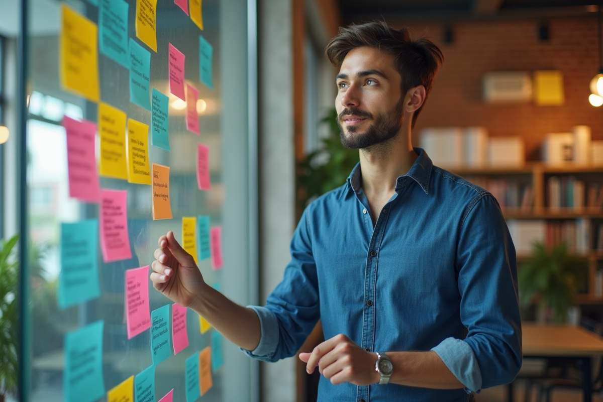 Jeune entrepreneur présentant un projet dans un espace de coworking